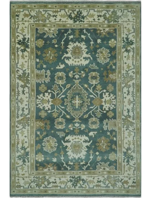 Luxury custom size hand knotted rugs in traditional teal and cream floral design.