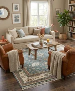 Hand-knotted blue Oushak wool rug with ivory border for luxury living room
