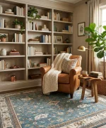 Hand-knotted blue Oushak wool rug with ivory border for luxury living room