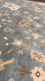 Heirloom quality blue Oushak carpet styling option for master bedroom